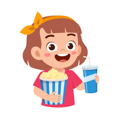 Happy Little Girl Holding Popcorn and Soda Cup in Her Hands Smiling Enjoying
