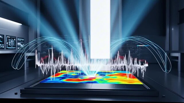 Advanced digital signal processing visualization, holographic interface, intricate data analysis with futuristic technology in a modern laboratory setting - Powered by Adobe