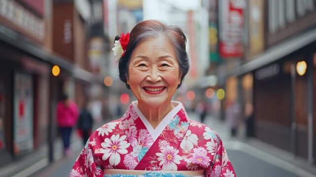 Elderly Japanese Woman in Kimono on Blurred City Street &mdash; Traditional Portrait