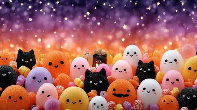Many cute plush toys including cats and round creatures against a colorful background.