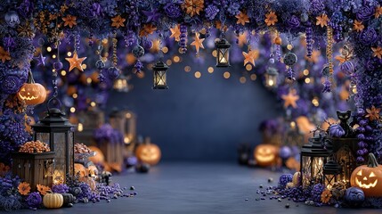 Halloween scene with pumpkins lanterns and floral archway in dark blue and purple.
