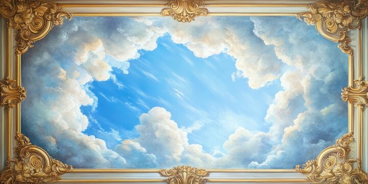 Ceiling fresco painting with blue sky and white clouds framed in gold decor