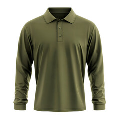 Plain Green Army Long Sleeve Polo Shirt Mockup Front View 3D Rendering on transparent background