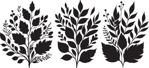 Black and white leaf vector set: botanical illustration, floral design elements eps silhouette