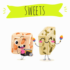 Tasty nougat, turkish delight, Halva confection, funny characters, hand drawn vector illustration.