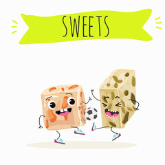 Tasty nougat, turkish delight, Halva confection, funny characters, hand drawn vector illustration.