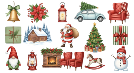 Collection of christmas elements including santa claus, christmas tree, snowman, rocking horse, fireplace, cabin, car, armchair, bell, poinsettia, and lantern, isolated on transparent background