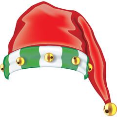 Festive Red Elf Hat with Green and White Stripes and Jingle Bells Isolated on Transparent Background