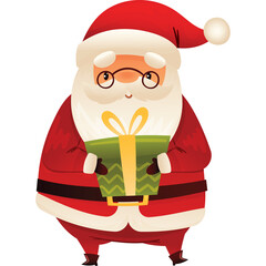 Festive Santa Claus Character in Traditional Red Suit Holding a Green Gift Box Ready for Christmas Celebrations and Winter Holidays