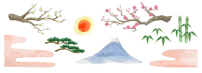 松竹梅と富士山 初日の出 Japanese  Watercolor Illustration Set
