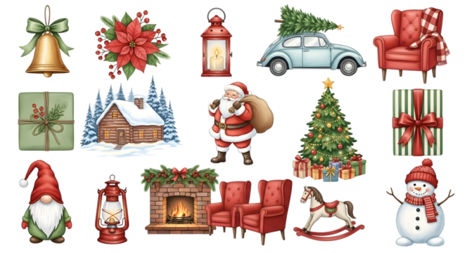 Collection of christmas elements including santa claus, christmas tree, snowman, rocking horse, fireplace, cabin, car, armchair, bell, poinsettia, and lantern, isolated on transparent background - Powered by Adobe
