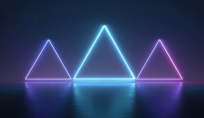 Three glowing neon triangles blue, pink, purple on dark reflective surface