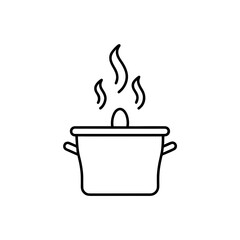 Outline drawing of a cooking pot with rising steam on transparent background