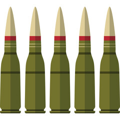 Five Olive Green Bullets With Red Bands And Cream Colored Tips Lined Up Uniformly Against A Transparent Background