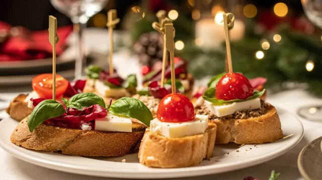 Vibrant bruschetta appetizer platter with fresh ingredients, elegantly arranged for a festive celebration, showcasing textures and colors, camera smoothly zooms in for detail