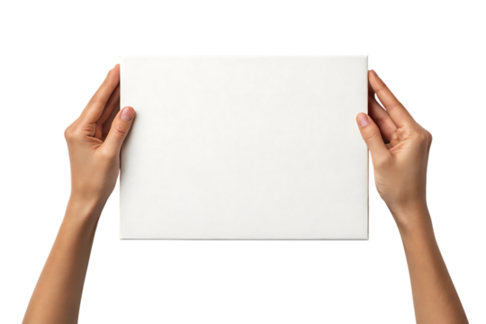 Two hands holding a blank white rectangular card or paper, cutout, PNG isolated on transparent background