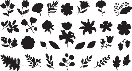 Floral silhouette vector pack: flowers, leaves, and botanical elements for design eps