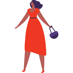 Flat Design Illustration of a Woman in a Red Dress Holding a Purple Handbag Standing Against a Transparent Background