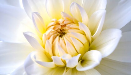 Abstract macro of a white and yellow flower, petals radiating from a central point in soft focus