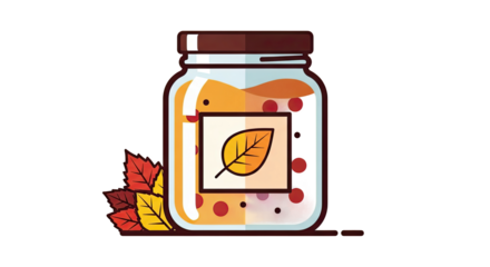 A vector illustration of a glass jar of autumn preserves with a leaf label and fall foliage.