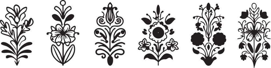 Floral vector ornament set: black and white flower designs for crafts and decoration eps silhouette