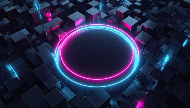 Abstract dark cubes surrounding a central glowing neon pink and blue ring
