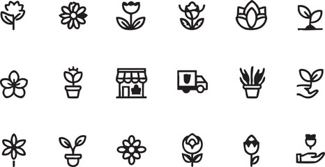 Flower shop vector icons: floral, gardening, delivery, and plant icons set eps silhouette