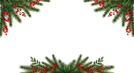 Festive christmas fir branches with red berries forming a decorative border, isolated on transparent background