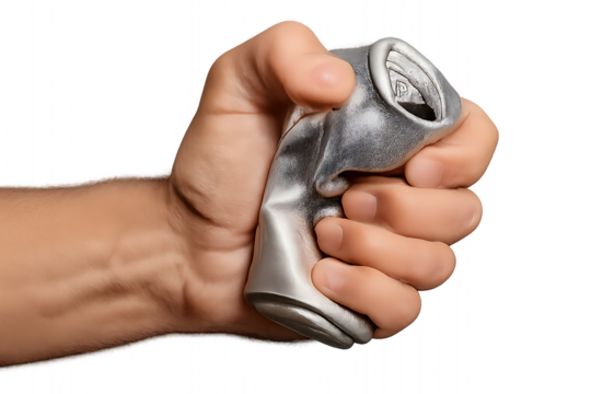 Hand, Crushing and Squeezing a Silver Aluminum Can Close Up, cutout, PNG isolated on white or transparent background