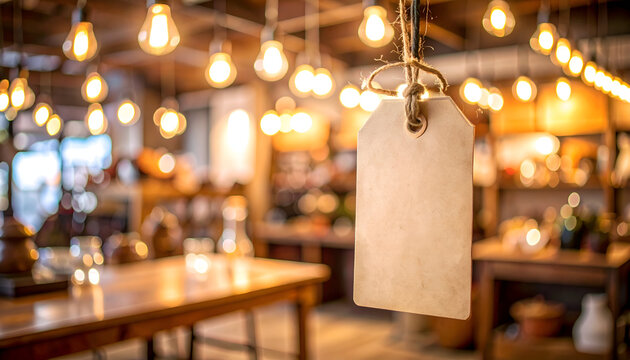 Blank price tag on a vintage item in a charming antique store, illuminated by warm hanging Edison bulbs, creating an inviting and customizable retail atmosphere - Powered by Adobe