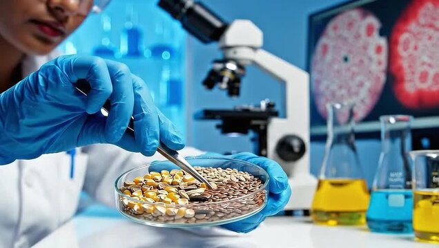 Scientist analyzing grains in petri dish using tweezers in a laboratory setting for agricultural research and development