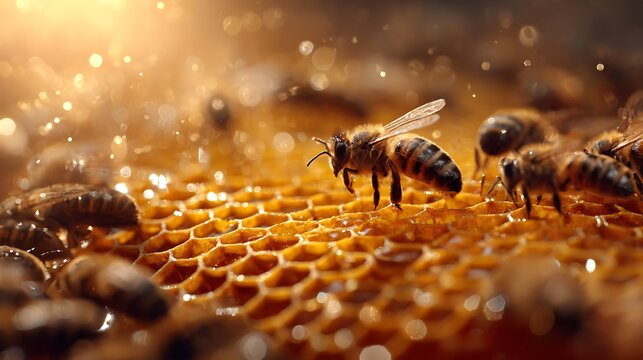 A close-up view of industrious honeybees diligently working on a vibrant, golden honeycomb hive, showcasing the intricate hexagonal cells filled with shimmering nectar under warm, radiant light