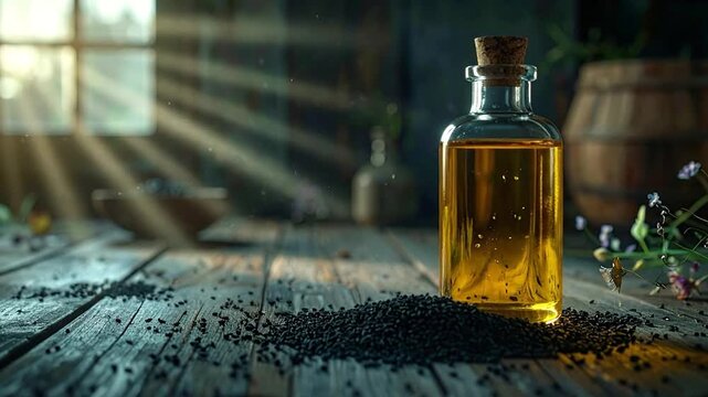 Golden oil in a corked bottle with dark seeds on wooden planks bathed in sunlight