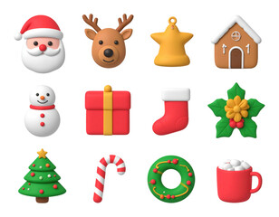Fototapeta premium 3D christmas icon set including santa claus head, cute reindeer head with antlers, gingerbread house, smiling snowman, wrapped present box with ribbon bow, isolated on transparent background, PNG