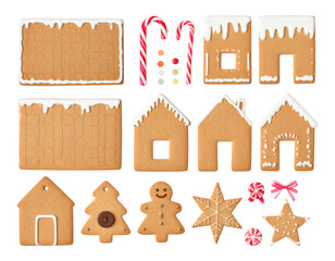 3D christmas cookie assembly set with plain gingerbread house wall panels, roof panels, mini gumdrop candies, candy canes, royal icing lines, isolated on transparent background, PNG
