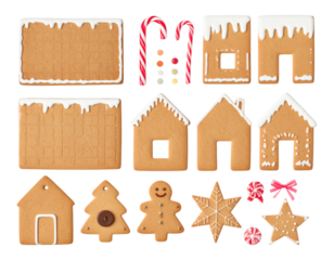 3D christmas cookie assembly set with plain gingerbread house wall panels, roof panels, mini gumdrop candies, candy canes, royal icing lines, isolated on transparent background, PNG