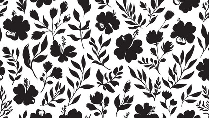 Black and white floral vector pattern: seamless flower and leaf design eps silhouette
