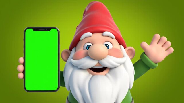 Animation 4k footage of a cute garden gnome character waving and holding a green screen smartphone, perfect for creative projects and digital content creation