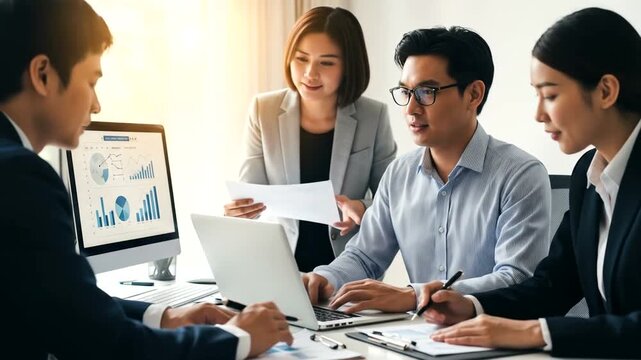 Collaborative Asian business team working on financial data analysis for growth strategy, - Powered by Adobe