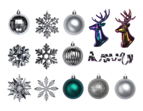 Set of christmas ornament containing mirror finish chrome baubles, beveled chrome snowflakes, glossy molten style antler reindeer bust, isolated on transparent background, PNG