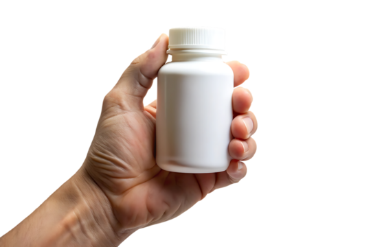 Hand holding a white pill bottle, with a textured cap, cutout, PNG isolated on transparent background