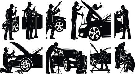 Car mechanics repairing vehicles, silhouette workers fixing engines, car maintenance and repair service tools, auto body shop isolated icons