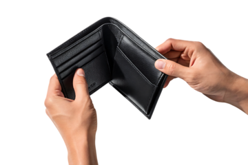 Black leather bi-fold wallet, open with card slots and pockets, cutout, PNG isolated on transparent background