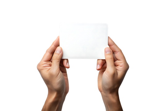 Two hands holding a blank white card, with rounded corners, cutout, PNG isolated on transparent background
