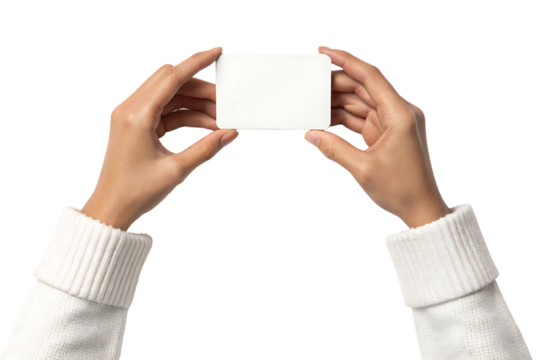 Two hands holding a blank white rectangular card, with rounded corners, cutout, PNG isolated on transparent background