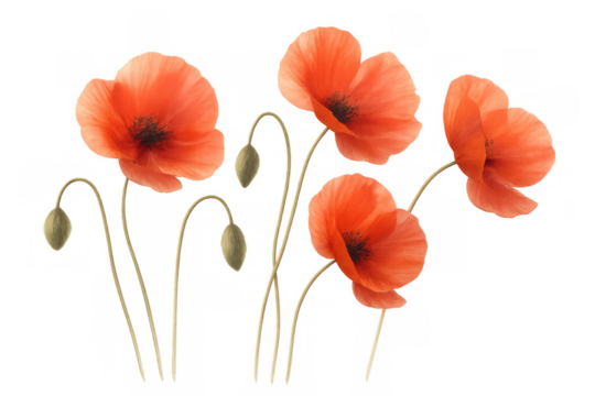 Red poppy flowers and green buds on stems, symbolizing remembrance day, isolated with a transparent background - Powered by Adobe