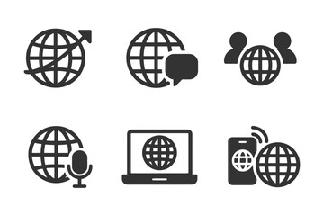 Internet communication icons: global connection and digital media symbols.