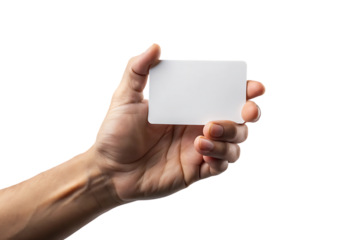 Human hand holding a blank white rectangular card, with rounded corners, cutout, PNG isolated on transparent background