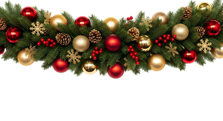 Festive christmas garland with red and gold baubles, pine cones, and snowflakes, isolated on transparent background