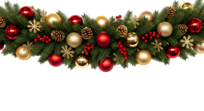 Festive christmas garland with red and gold baubles, pine cones, and snowflakes, isolated on transparent background - Powered by Adobe